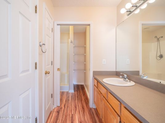Bathroom, Dual Sink Vanities, Interior, Walk-in Closets, Wood Texture Flooring