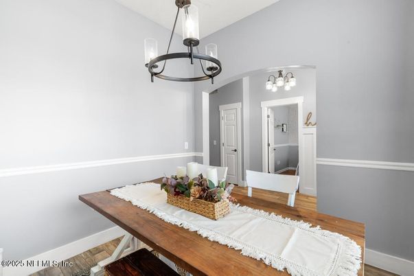 Dining room, Interior, Pendant Lights, Wood Texture Flooring