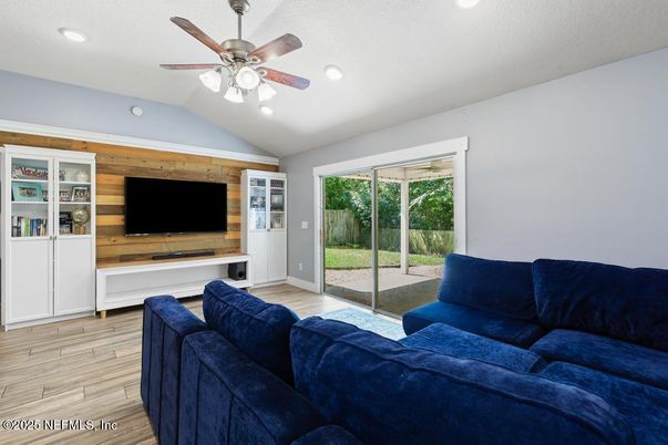 Interior, Living room, Recessed Lighting, Wood Texture Flooring, Wooden Walls
