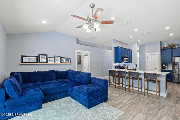 Interior, Kitchen, Living room, Recessed Lighting, Stainless Steel Appliances, Wood Texture Flooring