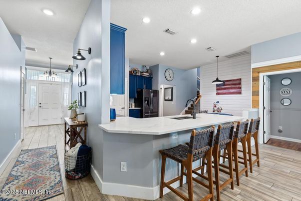 Interior, Kitchen, Pendant Lights, Recessed Lighting, Wood Texture Flooring
