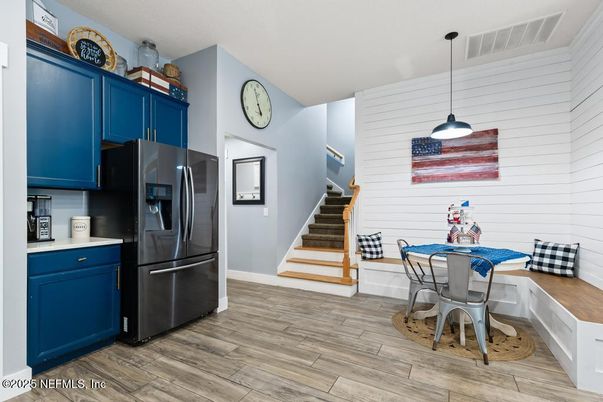 Dining room, Interior, Kitchen, Pendant Lights, Wood Texture Flooring