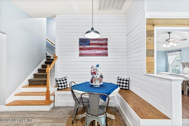 Dining room, Interior, Pendant Lights, Wood Texture Flooring