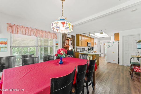 Dining room, Interior, Kitchen, Pendant Lights, Wood Texture Flooring