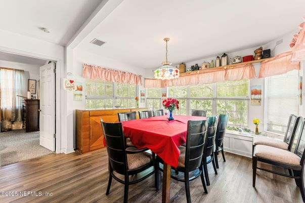 Dining room, Interior, Pendant Lights, Wood Texture Flooring