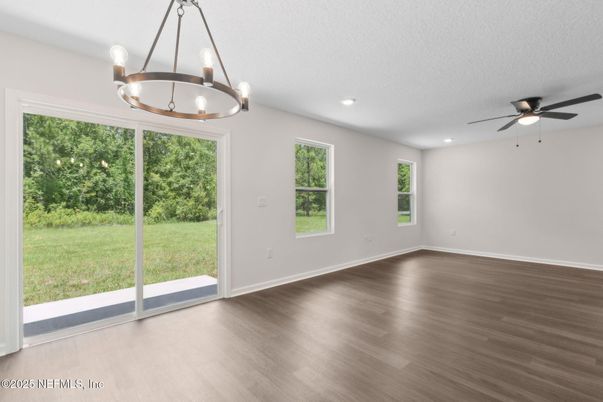 Chandelier, Empty room, Interior, Recessed Lighting, Wood Texture Flooring