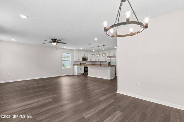Empty room, Interior, Kitchen, Pendant Lights, Recessed Lighting, Wood Texture Flooring