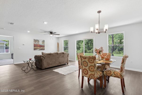 Chandelier, Dining room, Interior, Living room, Recessed Lighting, Wood Texture Flooring