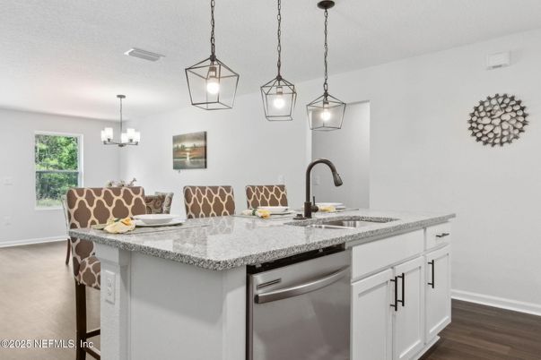 Chandelier, Interior, Kitchen, Pendant Lights, Stainless Steel Appliances, Wood Texture Flooring