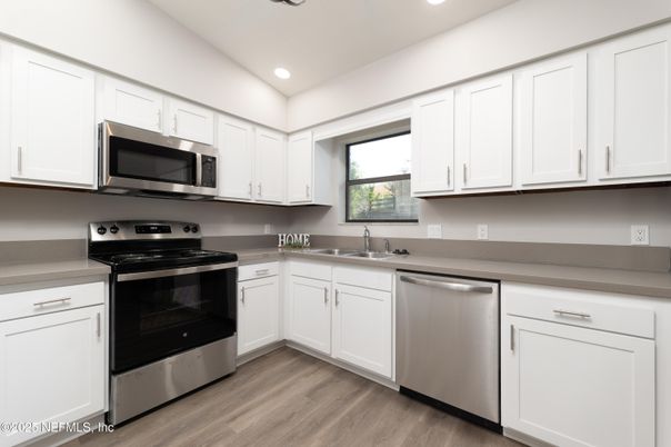 Interior, Kitchen, Recessed Lighting, Stainless Steel Appliances, Wood Texture Flooring