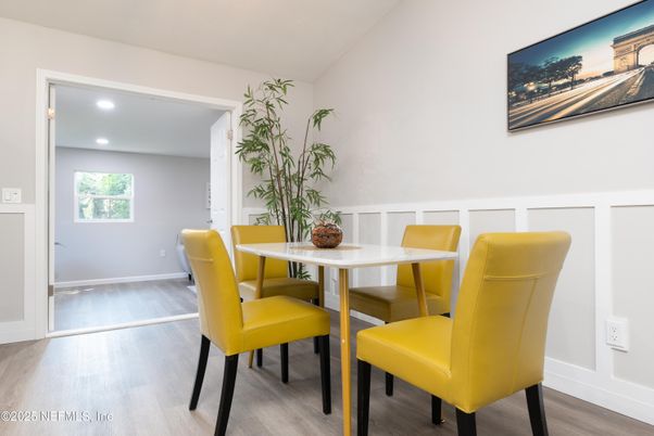 Dining room, Interior, Recessed Lighting, Wood Texture Flooring