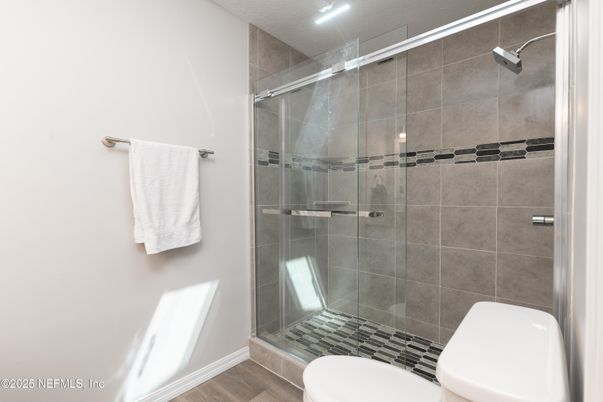 Bathroom, Glass Shower, Interior, Wood Texture Flooring