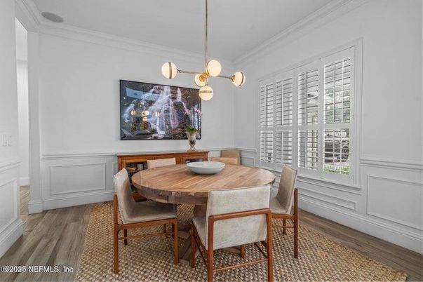 Dining room, Interior, Pendant Lights, Wood Texture Flooring