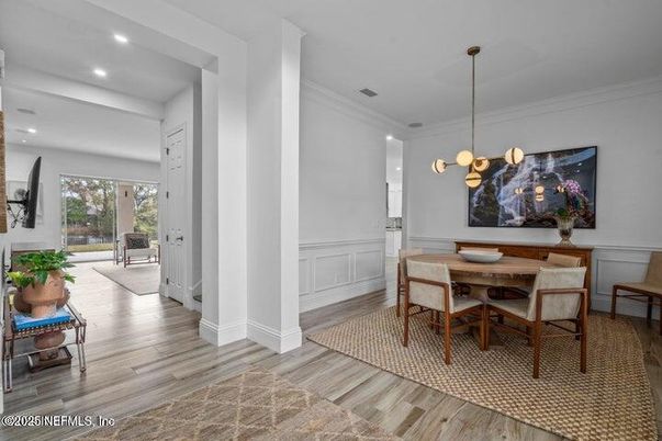 Dining room, Interior, Pendant Lights, Recessed Lighting, Wood Texture Flooring