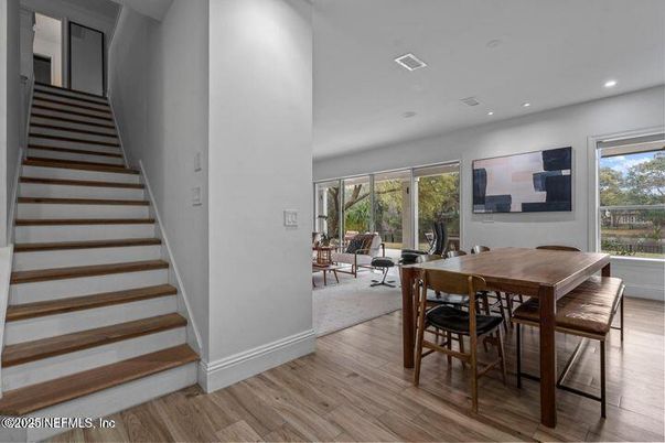 Dining room, Interior, Recessed Lighting, Wood Texture Flooring