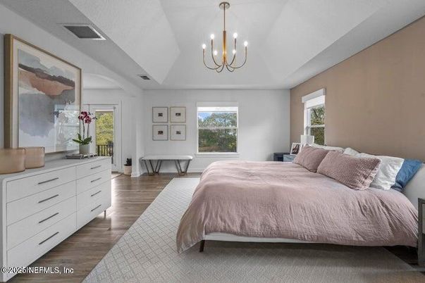 Bedroom, Chandelier, Interior, Pendant Lights, Wood Texture Flooring