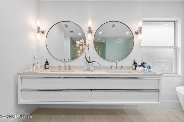 Bathroom, Dual Sink Vanities, Interior, Wood Texture Flooring