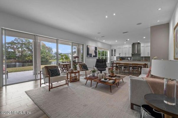 Dining room, Interior, Kitchen, Living room, Recessed Lighting, Wood Texture Flooring