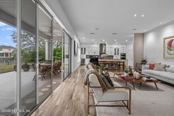 Dining room, Interior, Kitchen, Living room, Recessed Lighting, Stainless Steel Appliances, Wood Texture Flooring