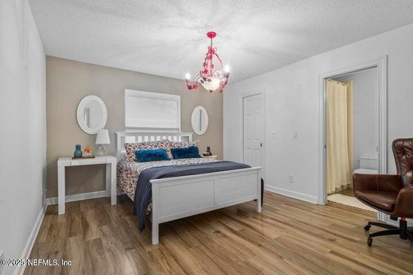 Bedroom, Chandelier, Interior, Wood Texture Flooring