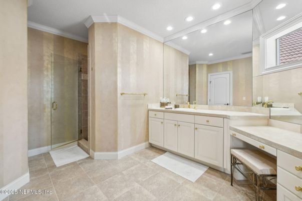 Bathroom, Dual Sink Vanities, Glass Shower, Interior, Recessed Lighting