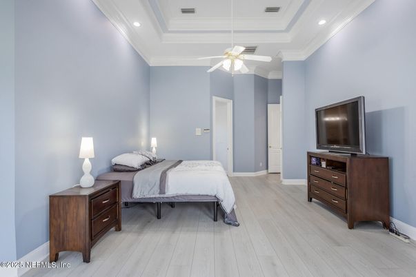 Bedroom, Interior, Recessed Lighting, Wood Texture Flooring