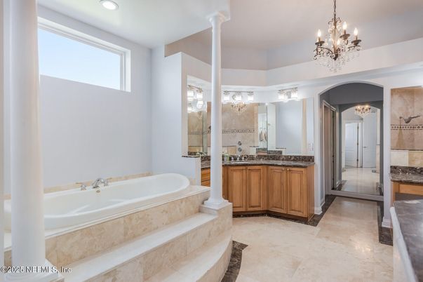 Bathroom, Chandelier, Dual Sink Vanities, Interior, Recessed Lighting