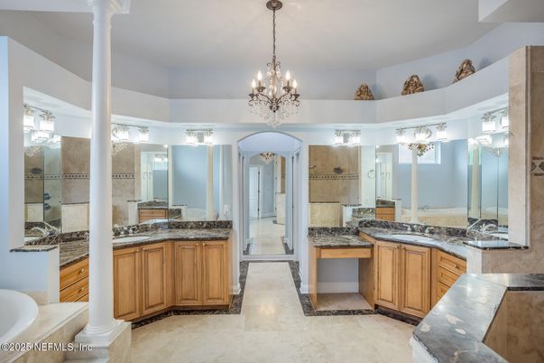 Bathroom, Chandelier, Dual Sink Vanities, Glass Shower, Interior