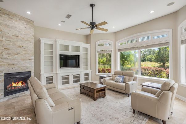Fireplace, Interior, Living room, Recessed Lighting, Stone Walls