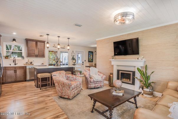 Fireplace, Interior, Kitchen, Living room, Pendant Lights, Recessed Lighting, Stone Walls, Wood Texture Flooring