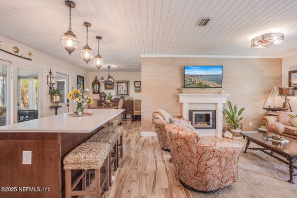 Dining room, Fireplace, Interior, Living room, Pendant Lights, Wood Texture Flooring