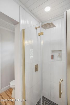 Bathroom, Glass Shower, Interior, Recessed Lighting, Wood Texture Flooring