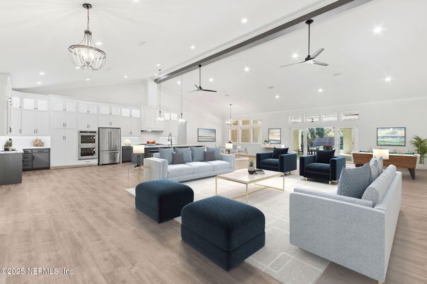 Chandelier, Interior, Kitchen, Living room, Pendant Lights, Recessed Lighting, Stainless Steel Appliances, Wood Texture Flooring