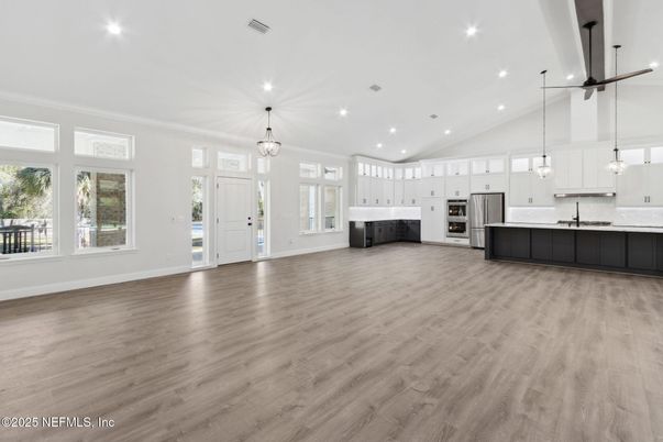 Chandelier, Interior, Kitchen, Pendant Lights, Recessed Lighting, Stainless Steel Appliances, Wood Texture Flooring
