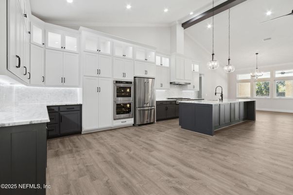 Interior, Kitchen, Pendant Lights, Recessed Lighting, Stainless Steel Appliances, Wooden Beams, Wood Texture Flooring