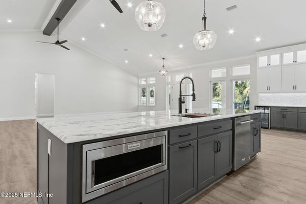 Interior, Kitchen, Pendant Lights, Recessed Lighting, Stainless Steel Appliances, Wood Texture Flooring