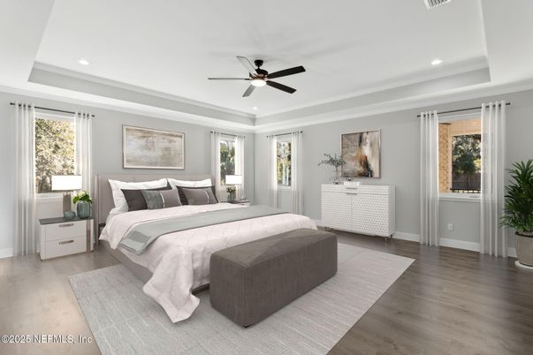 Bedroom, Interior, Recessed Lighting, Wood Texture Flooring