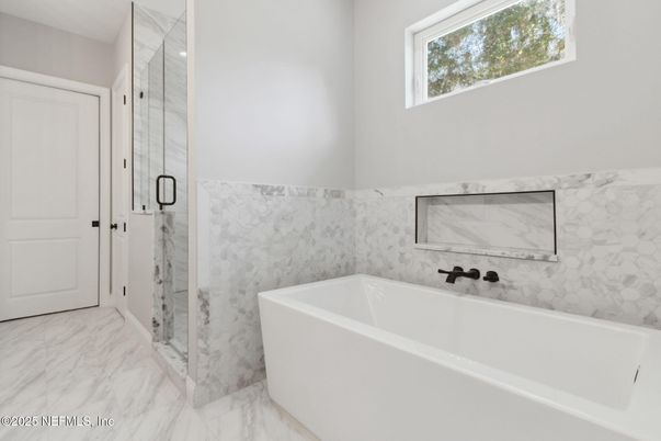 Bathroom, Free Standing Baths, Glass Shower, Interior, Marble, Marble Walls