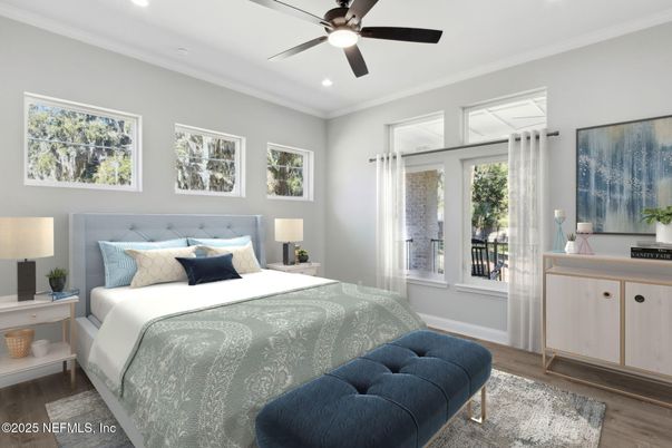 Bedroom, Interior, Recessed Lighting, Wood Texture Flooring