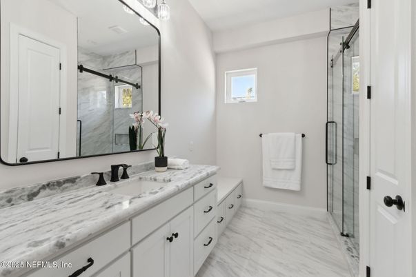 Bathroom, Dual Sink Vanities, Glass Shower, Interior, Marble, Marble Walls