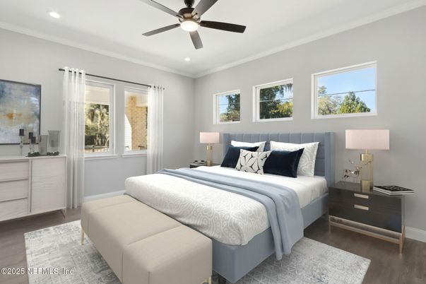 Bedroom, Interior, Recessed Lighting, Wood Texture Flooring