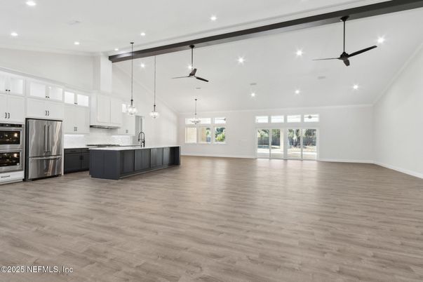Interior, Kitchen, Pendant Lights, Recessed Lighting, Stainless Steel Appliances, Wooden Beams, Wood Texture Flooring