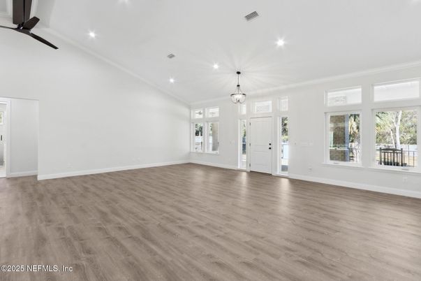 Chandelier, Empty room, Interior, Recessed Lighting, Wood Texture Flooring