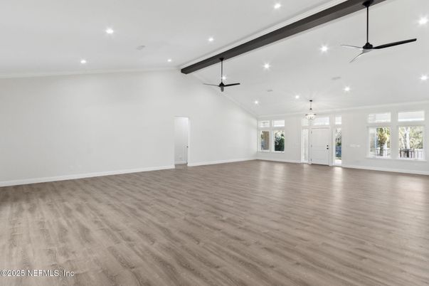 Empty room, Interior, Pendant Lights, Recessed Lighting, Wooden Beams, Wood Texture Flooring