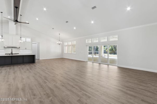 Chandelier, Empty room, Interior, Kitchen, Pendant Lights, Recessed Lighting, Wood Texture Flooring