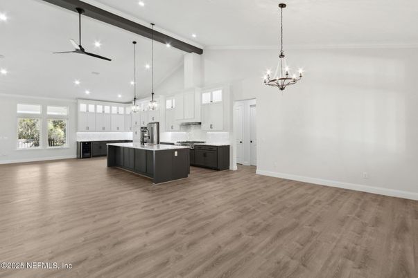 Chandelier, Interior, Kitchen, Pendant Lights, Recessed Lighting, Wooden Beams, Wood Texture Flooring