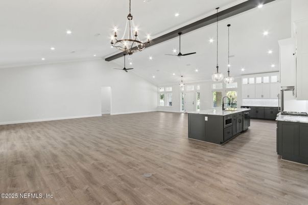 Chandelier, Interior, Kitchen, Pendant Lights, Recessed Lighting, Wood Texture Flooring