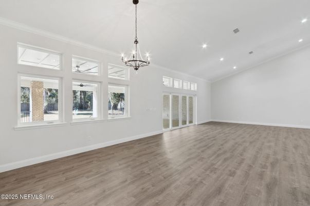Chandelier, Empty room, Interior, Pendant Lights, Recessed Lighting, Wood Texture Flooring