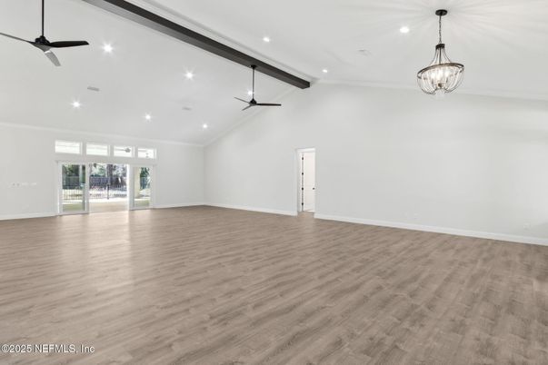 Chandelier, Empty room, Interior, Pendant Lights, Recessed Lighting, Wood Texture Flooring