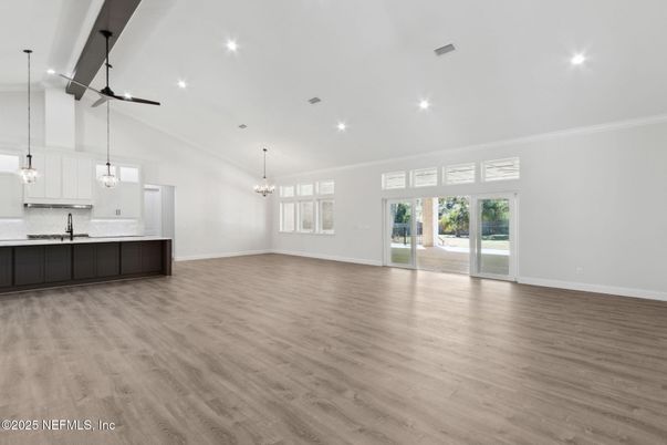 Chandelier, Empty room, Interior, Kitchen, Pendant Lights, Recessed Lighting, Wood Texture Flooring